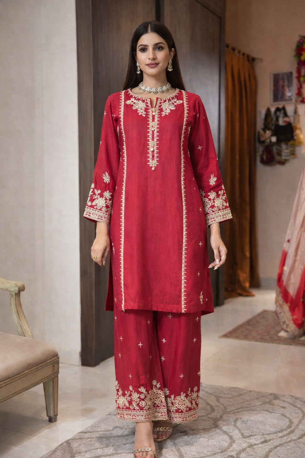 DIL NOOR DEEP RED KURTA SET