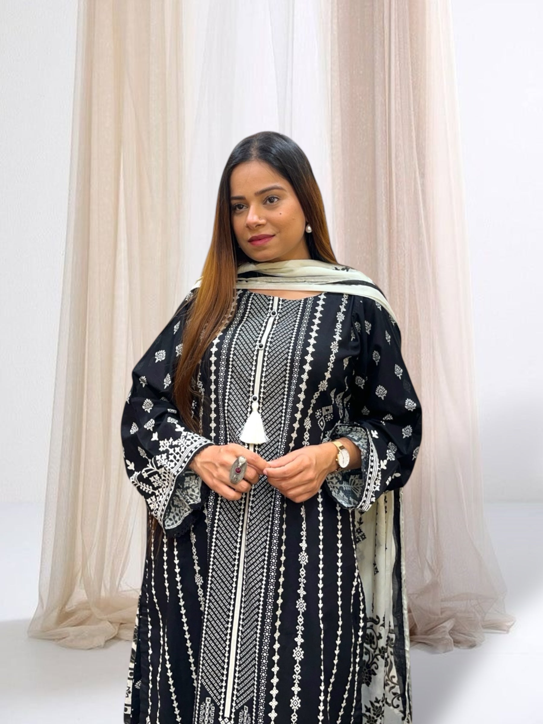 Black and White Lawn Cotton Suit Set