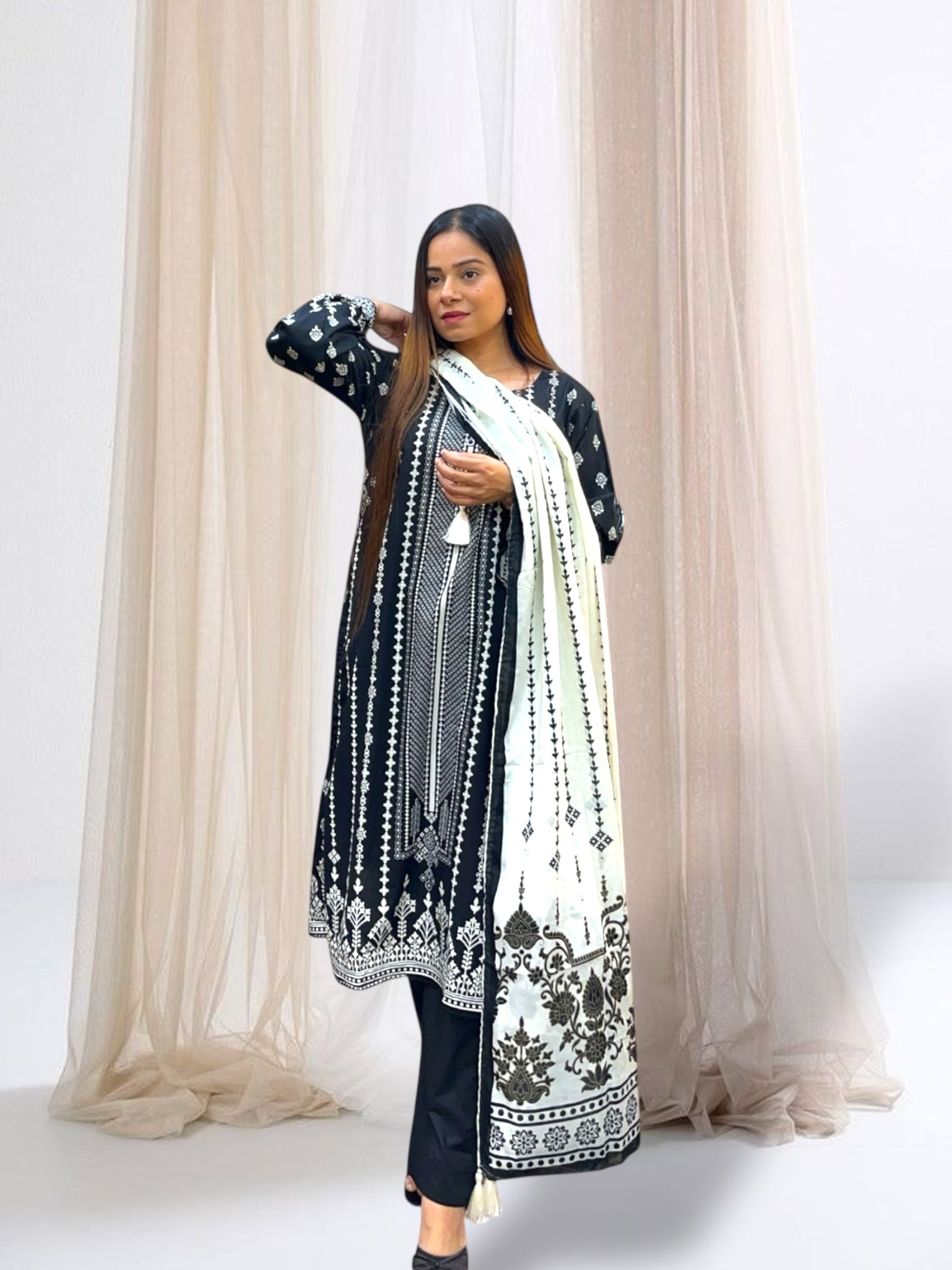 Black and White Lawn Cotton Suit Set
