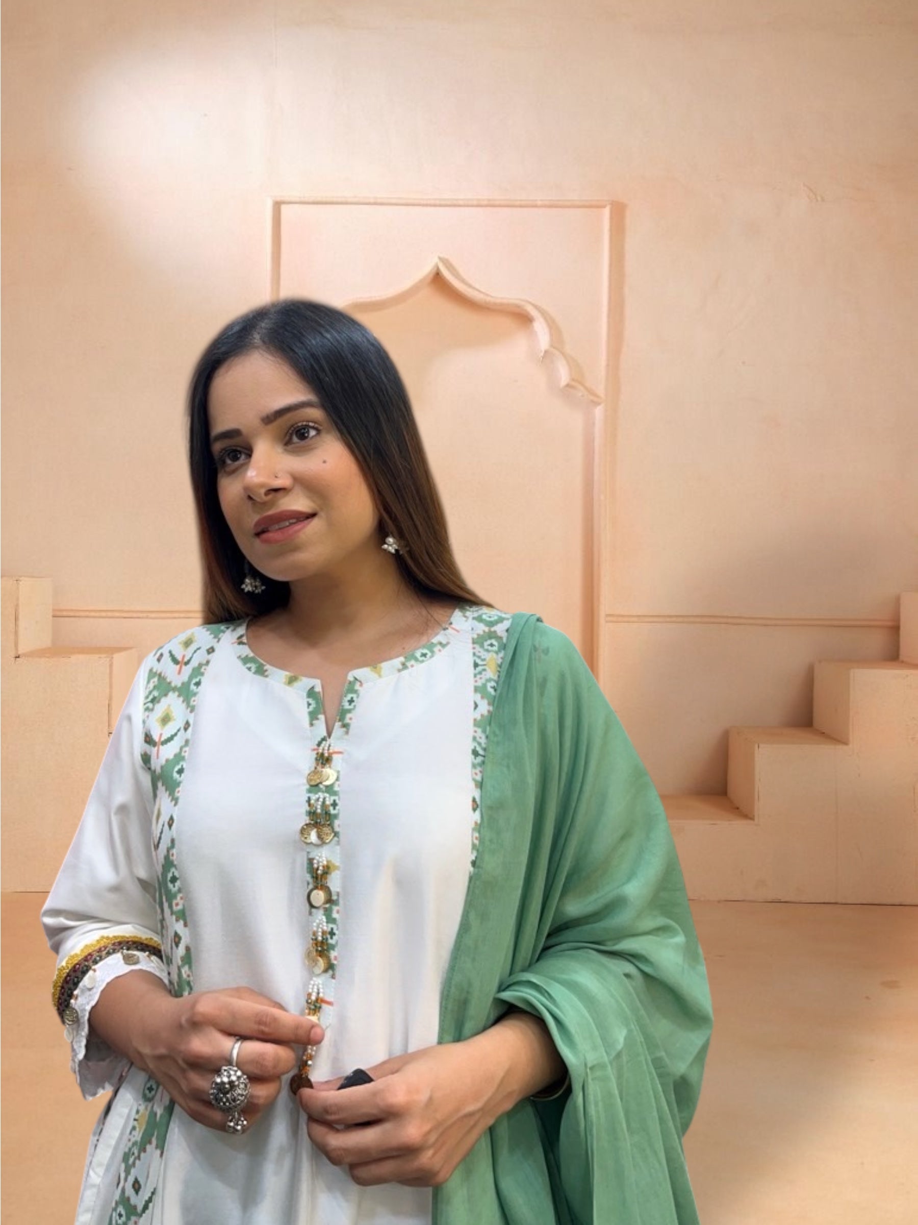 GREEN AJRAK KALIDAAR SET