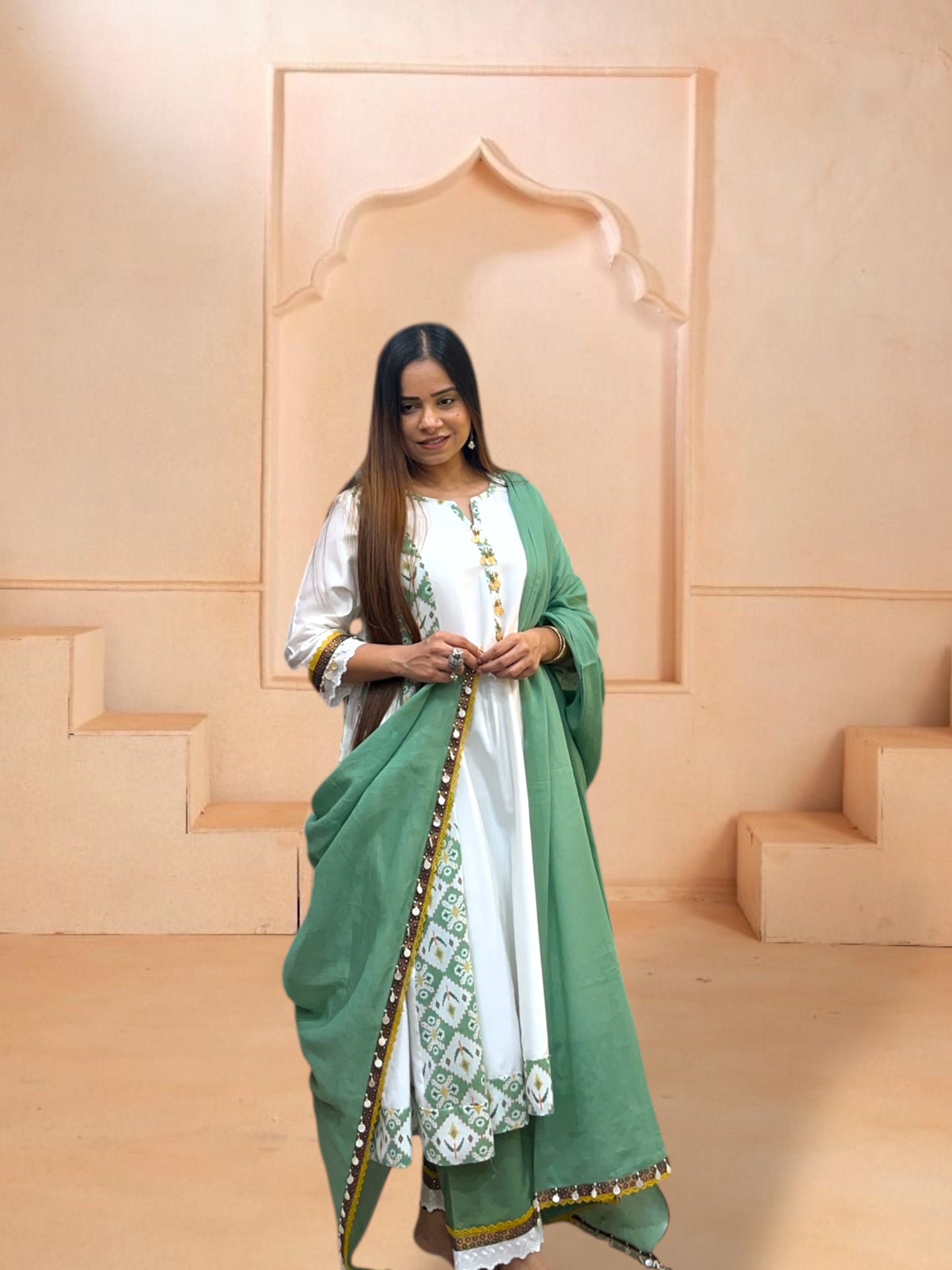 GREEN AJRAK KALIDAAR SET