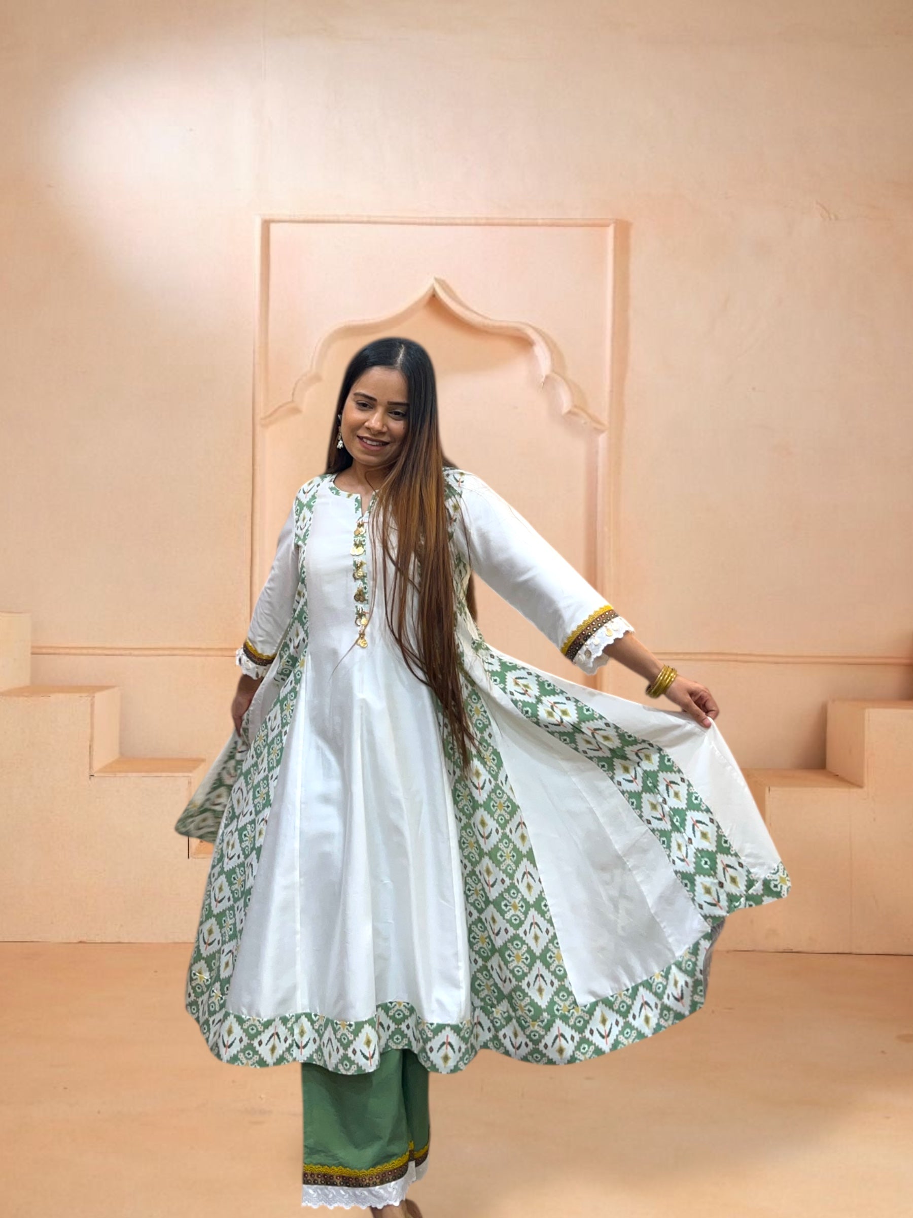 GREEN AJRAK KALIDAAR SET