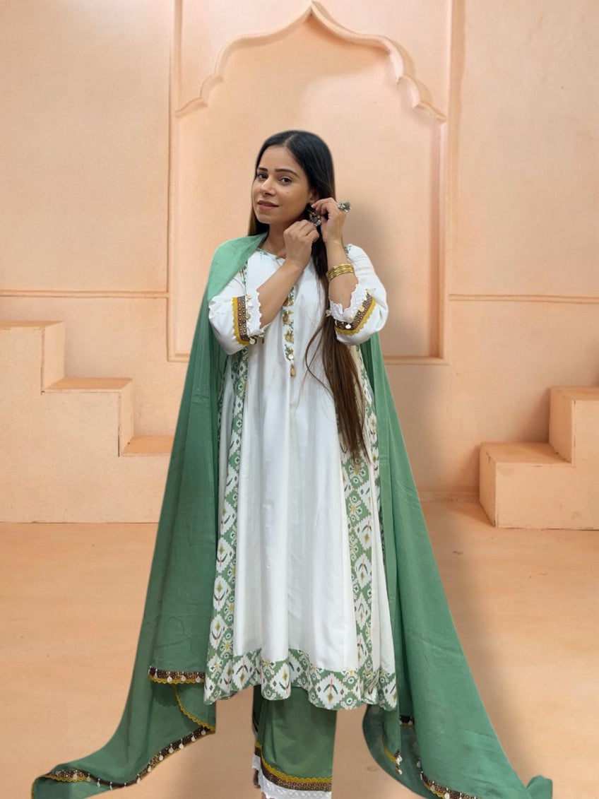 GREEN AJRAK KALIDAAR SET