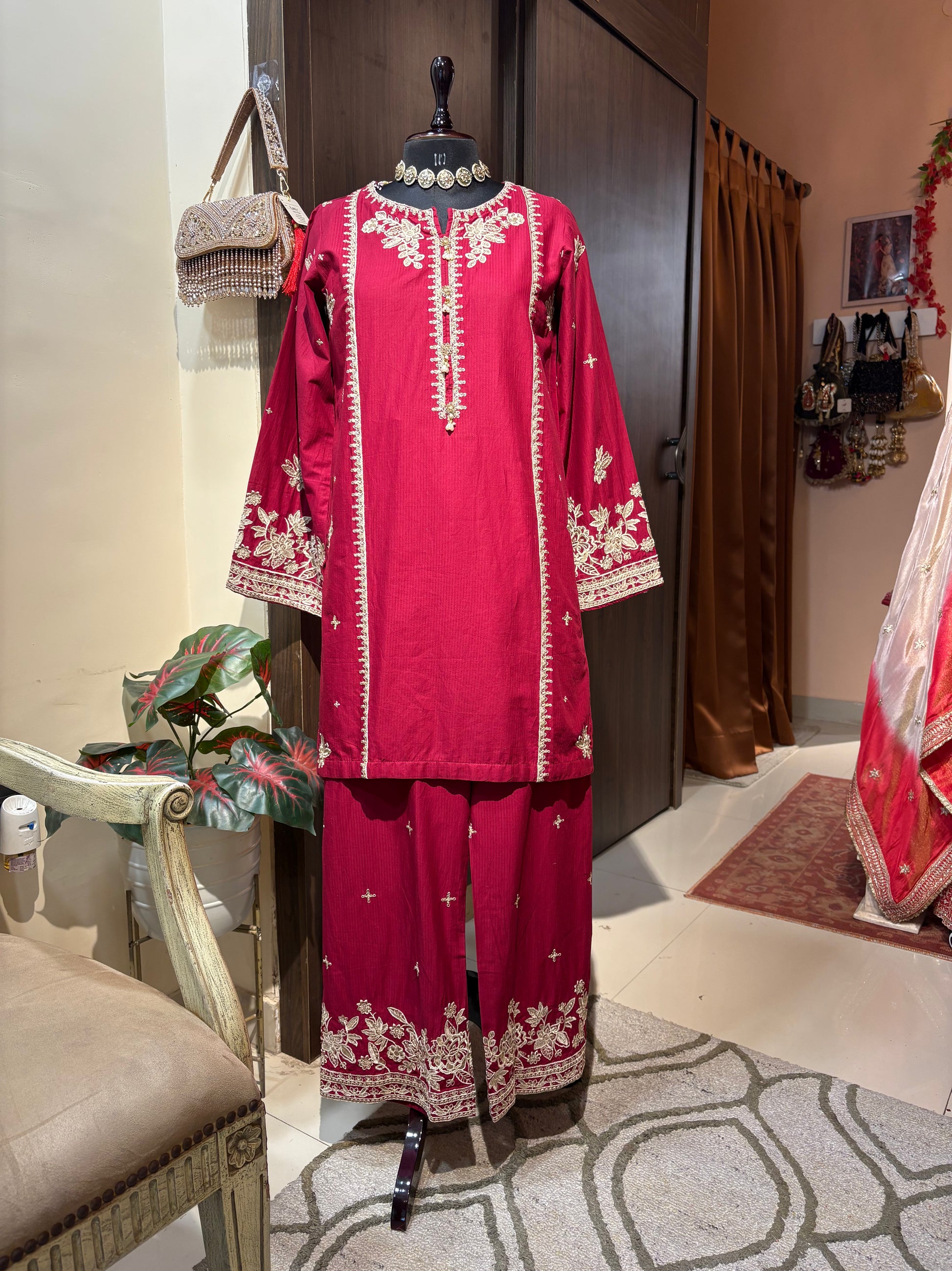 DIL NOOR DEEP RED KURTA SET