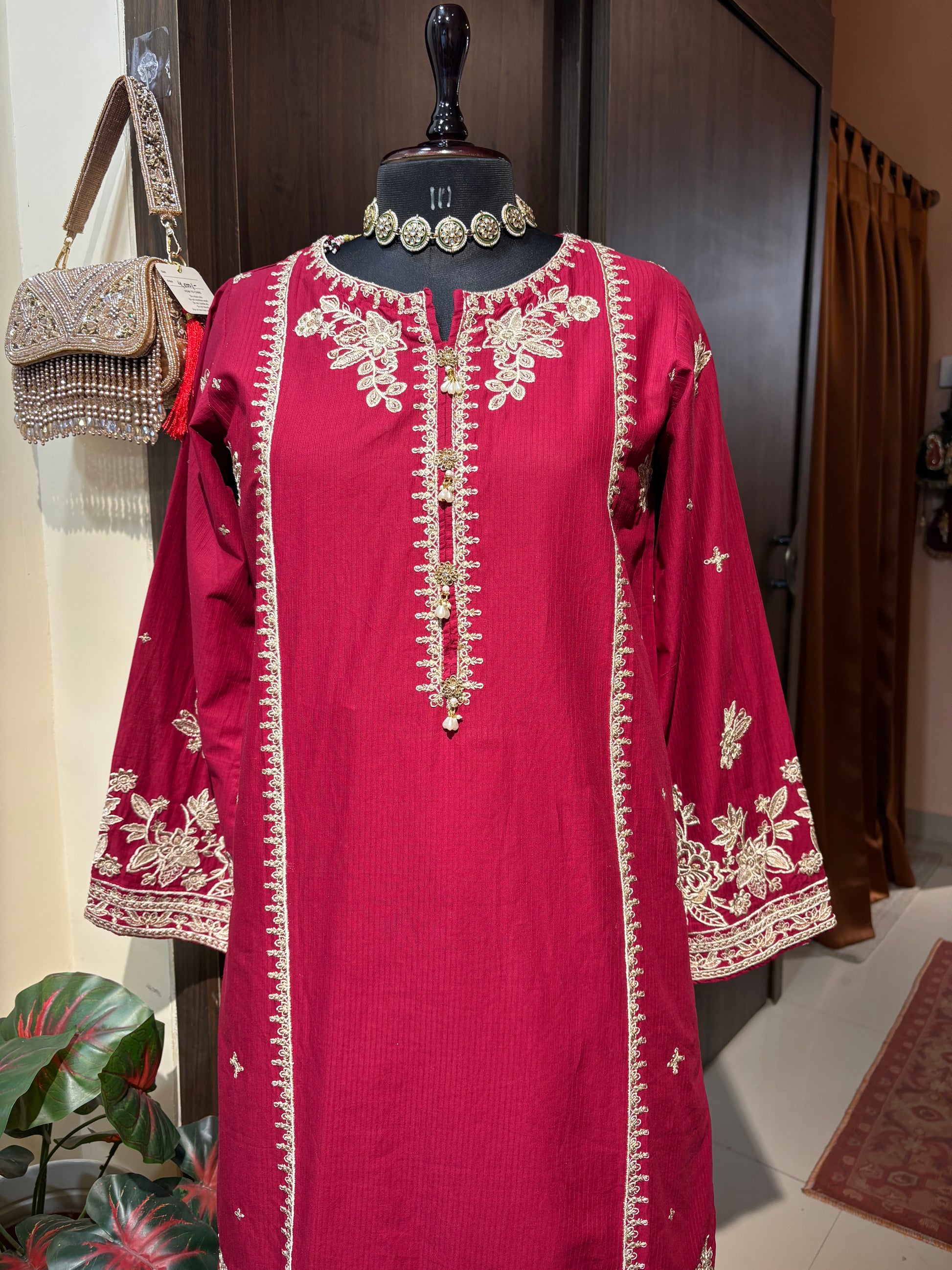 DIL NOOR DEEP RED KURTA SET