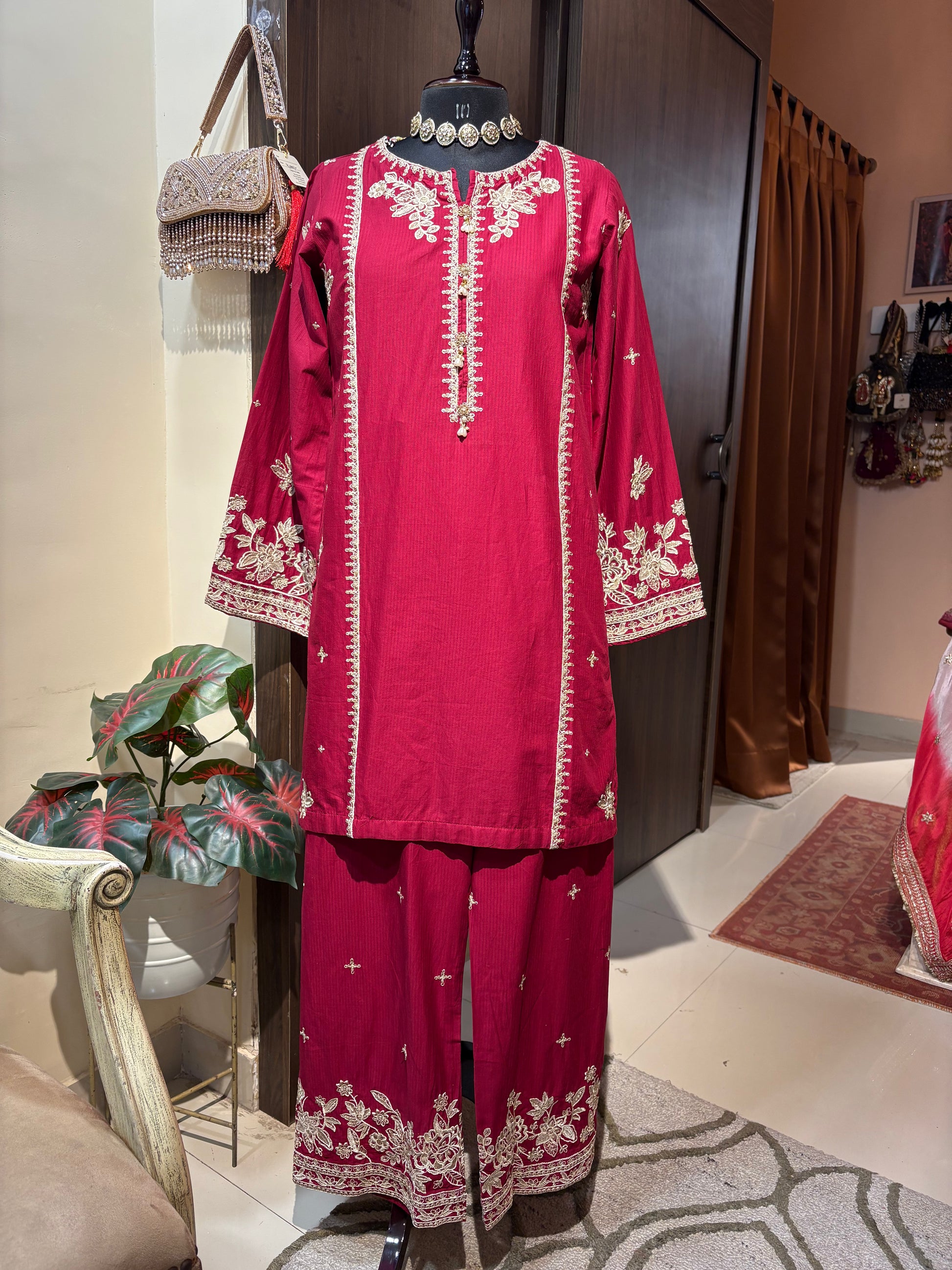 DIL NOOR DEEP RED KURTA SET