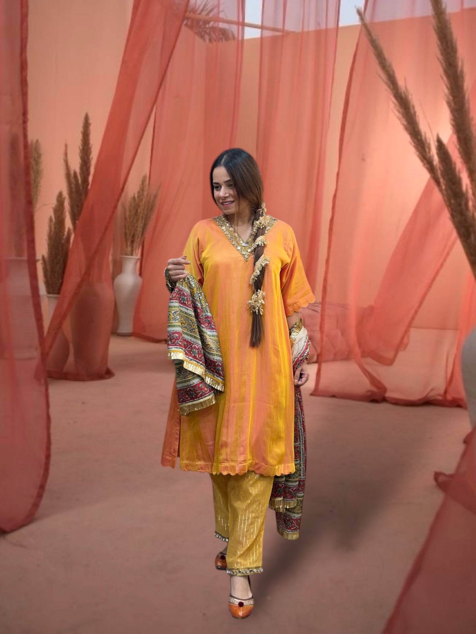 Marigold Taffeta Silk Choga Set