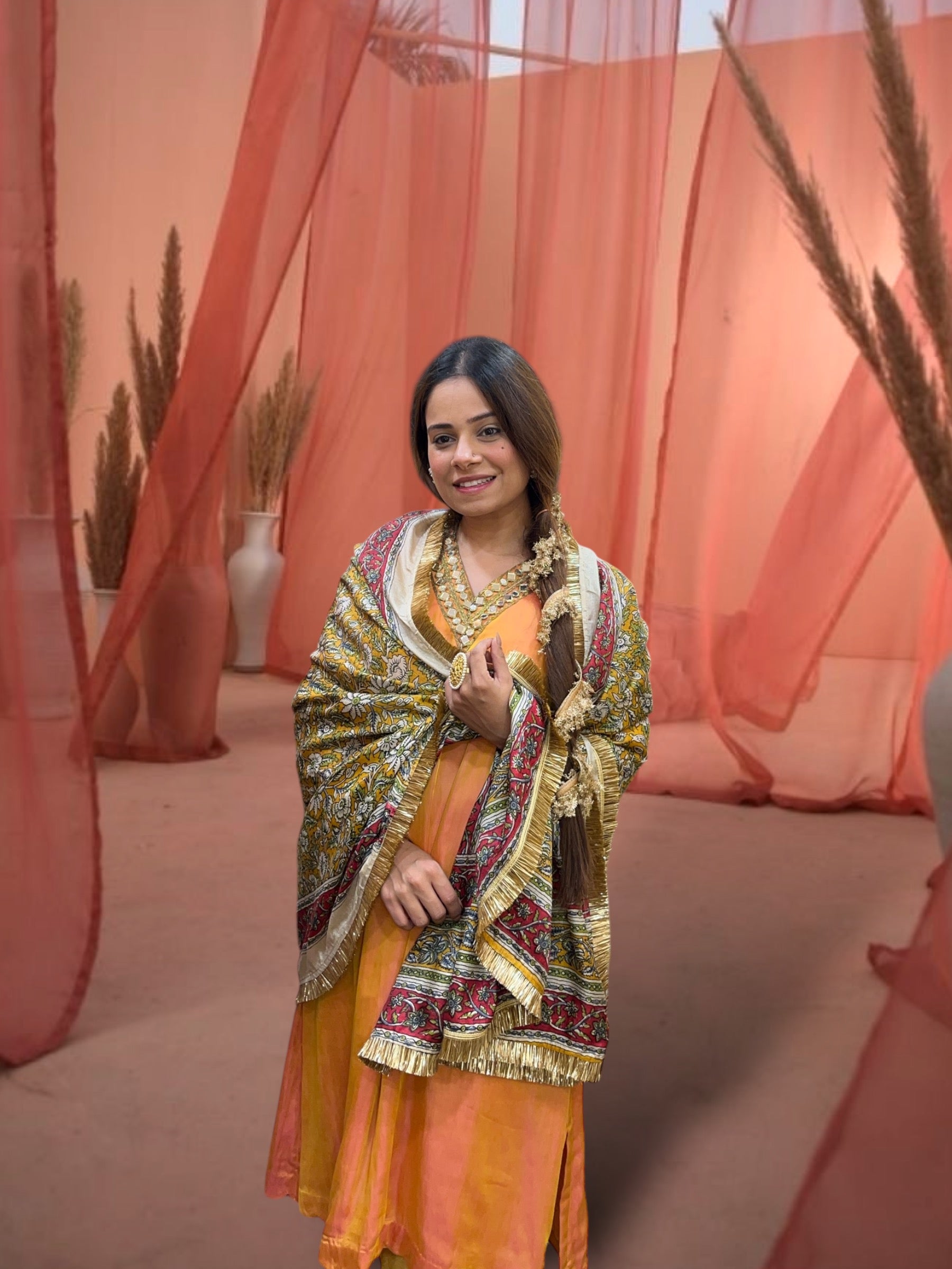 Marigold Taffeta Silk Choga Set