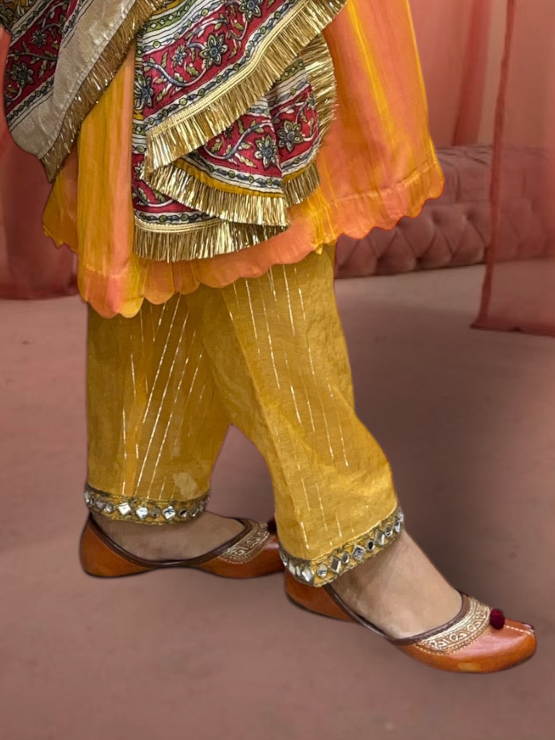 Marigold Taffeta Silk Choga Set