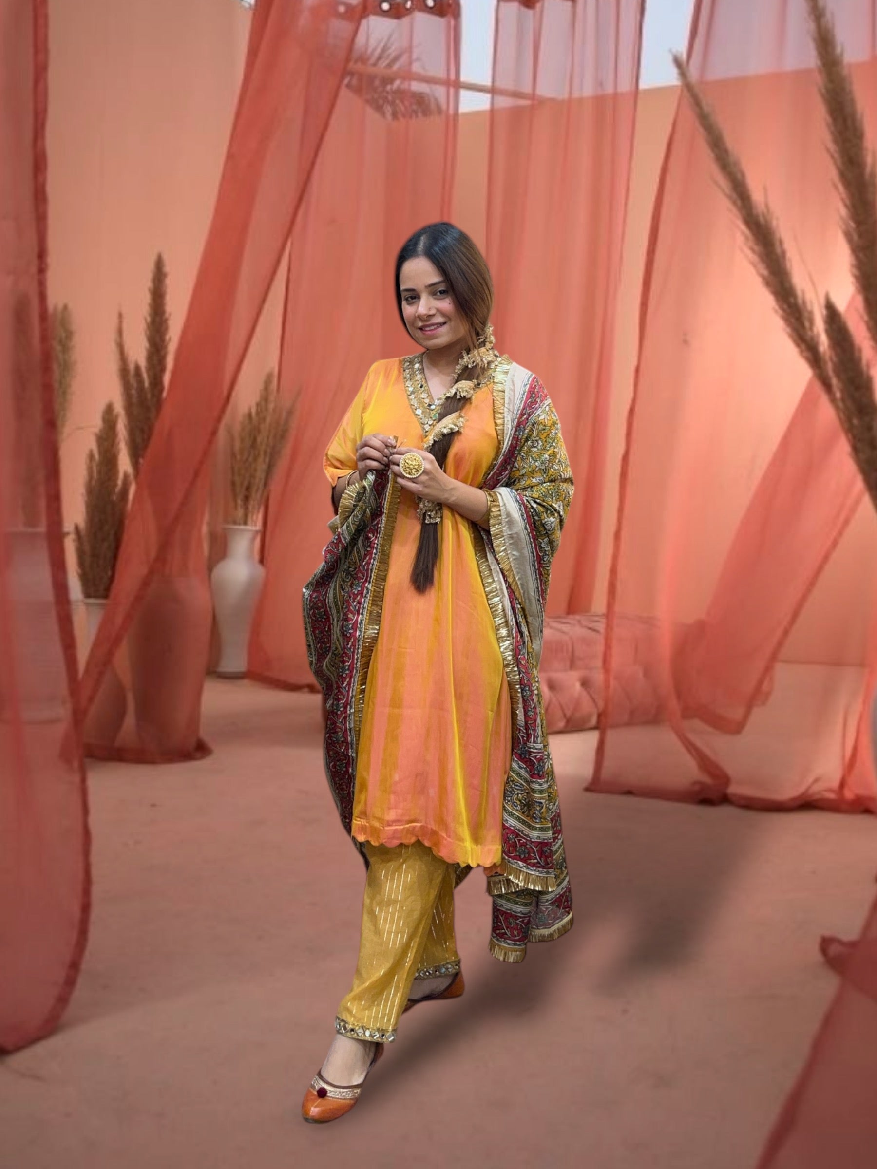 Marigold Taffeta Silk Choga Set