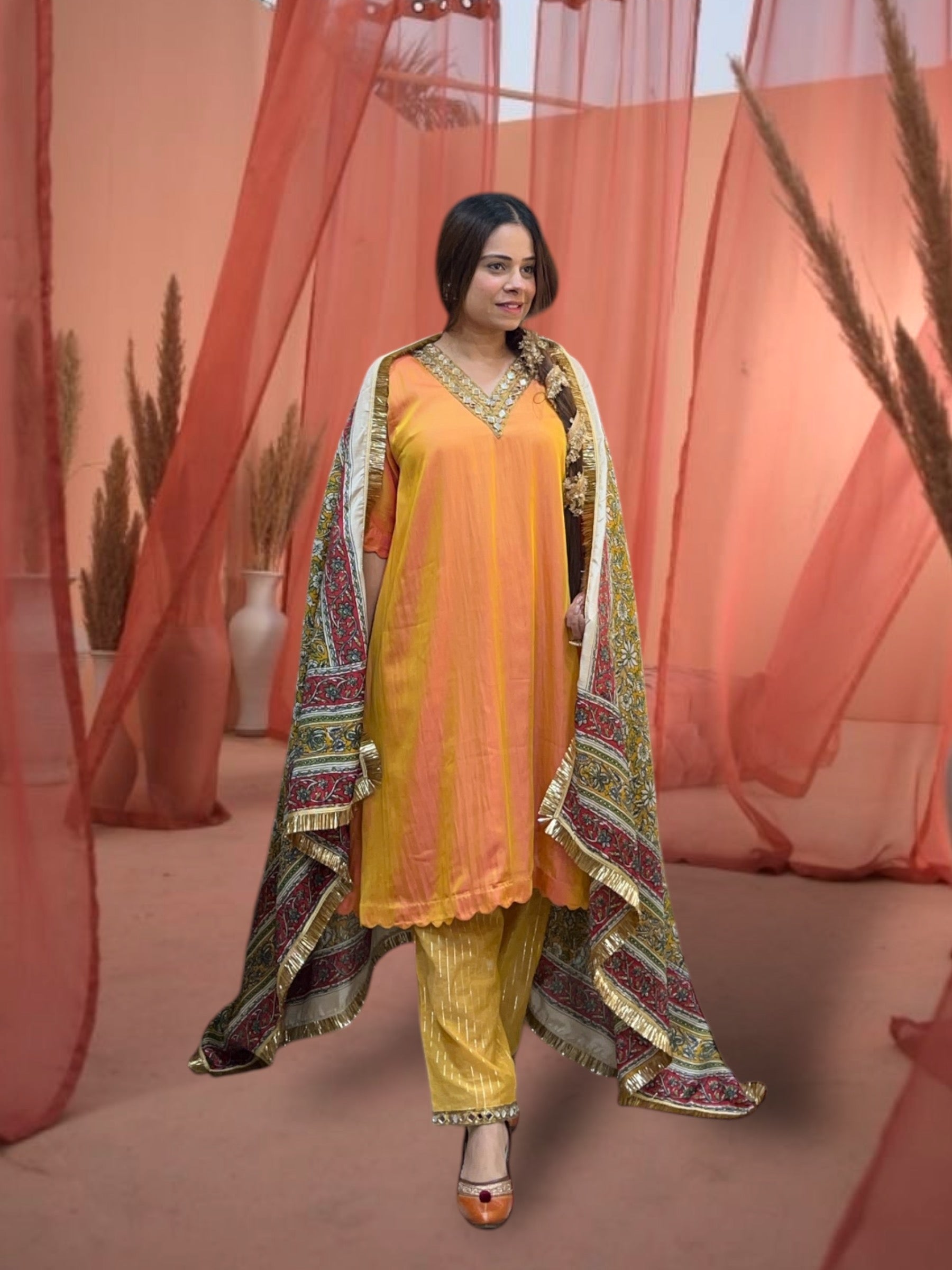Marigold Taffeta Silk Choga Set