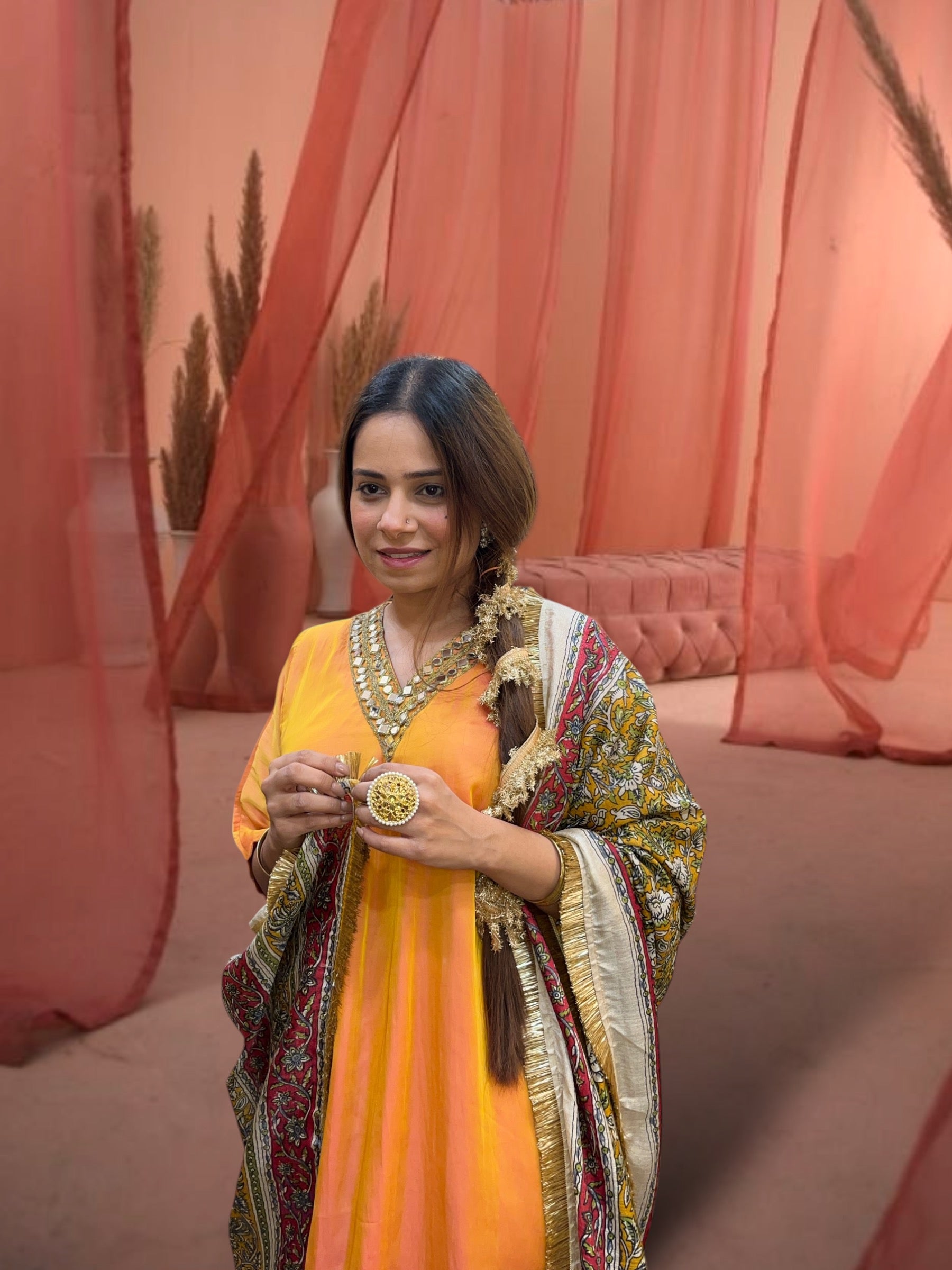 Marigold Taffeta Silk Choga Set