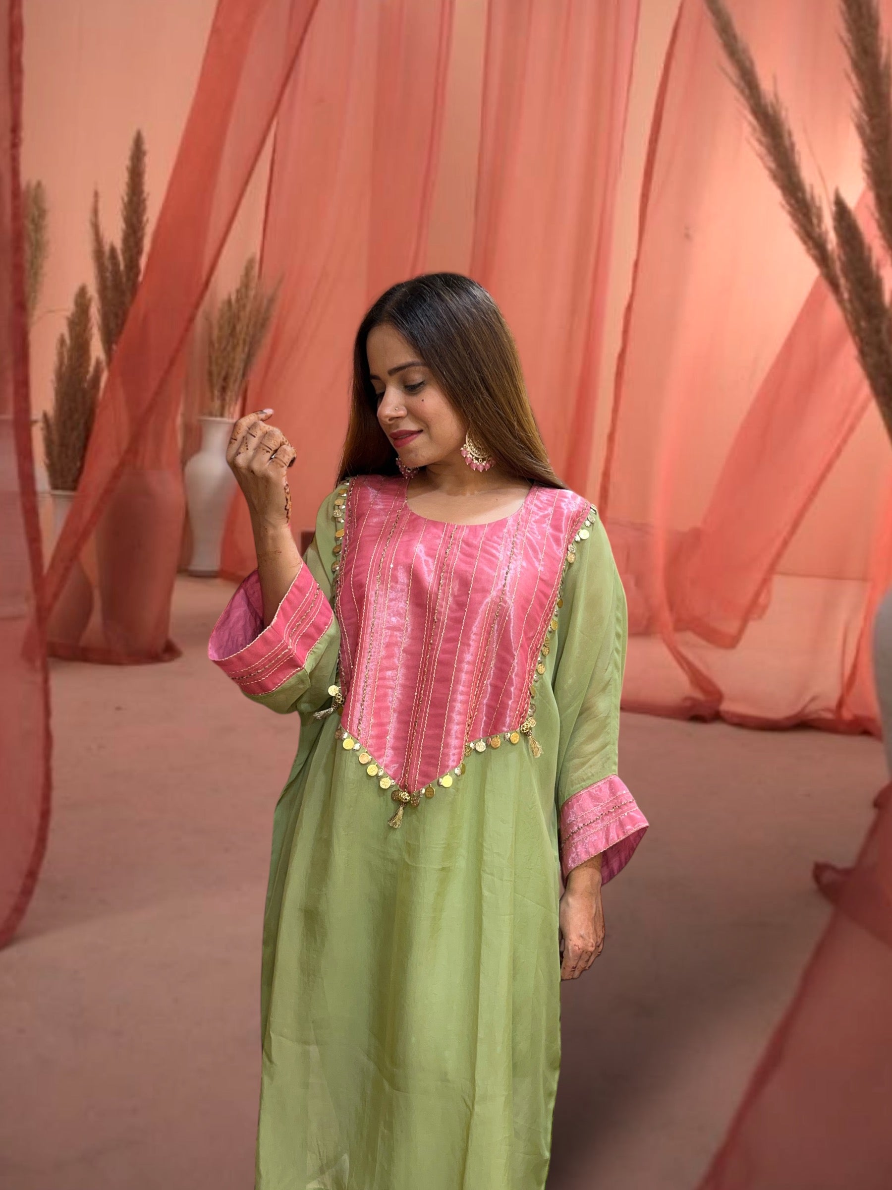 Naadira Green and Pink Kaftan Set