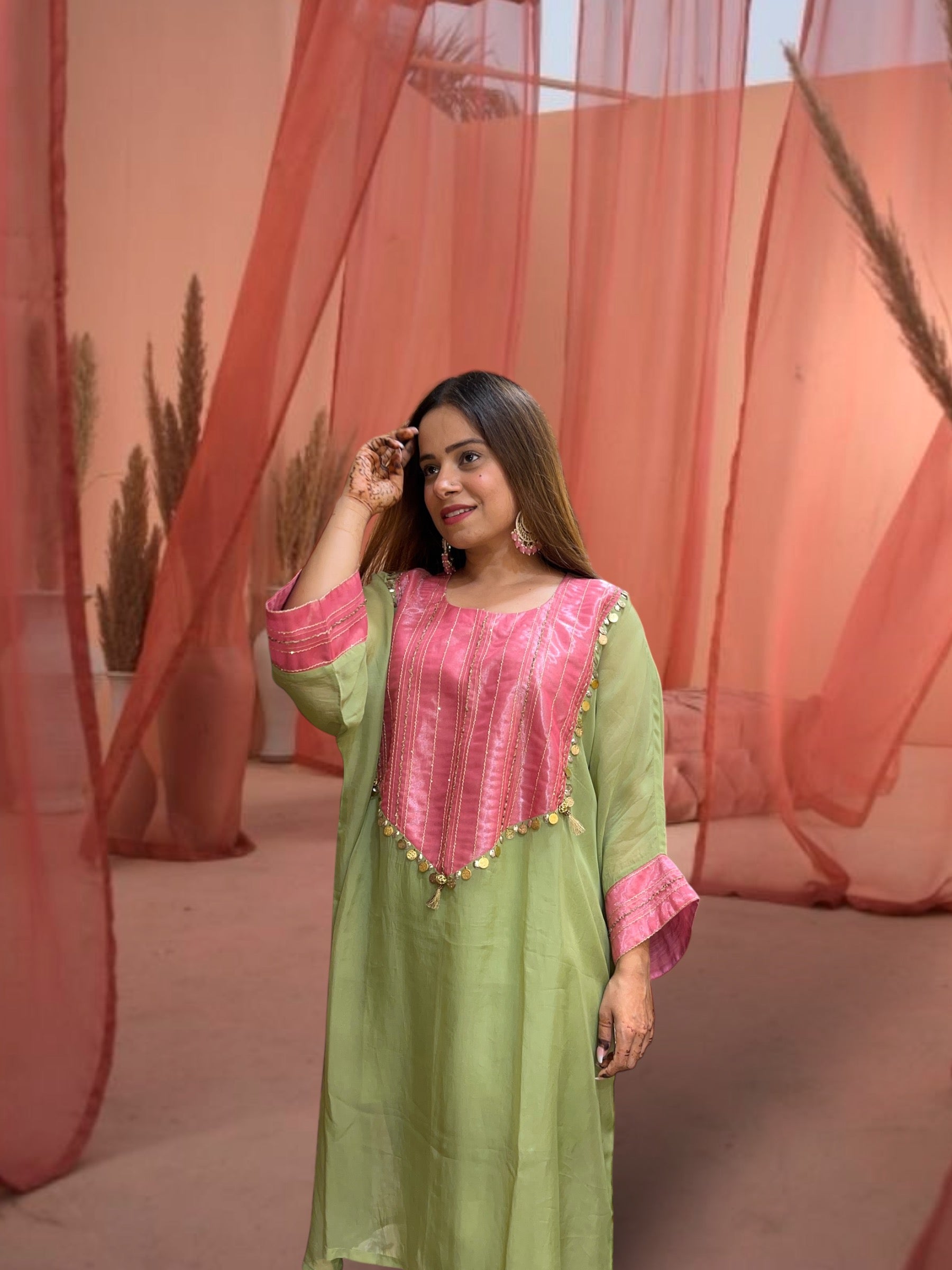 Naadira Green and Pink Kaftan Set