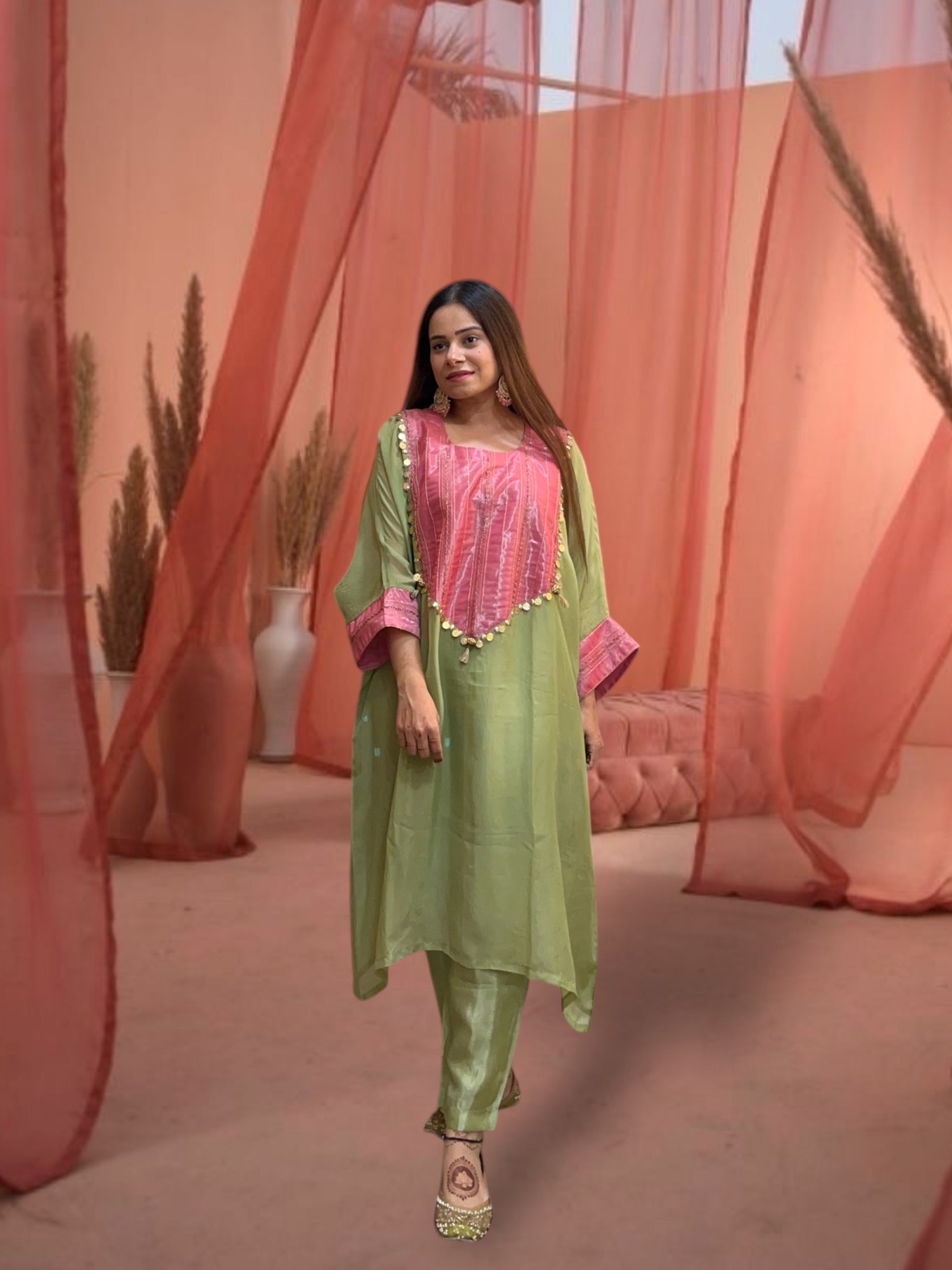 Naadira Green and Pink Kaftan Set