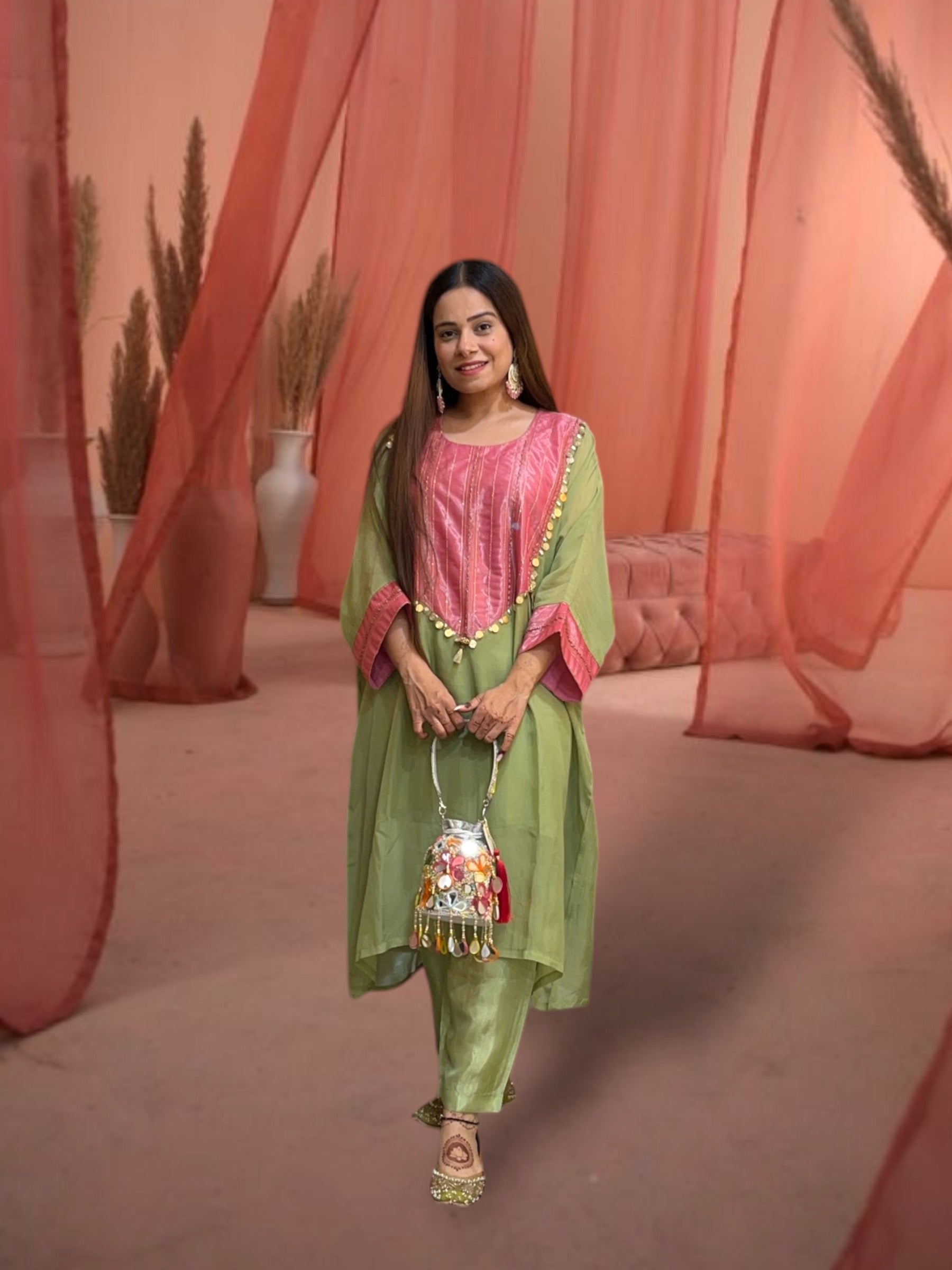 Naadira Green and Pink Kaftan Set