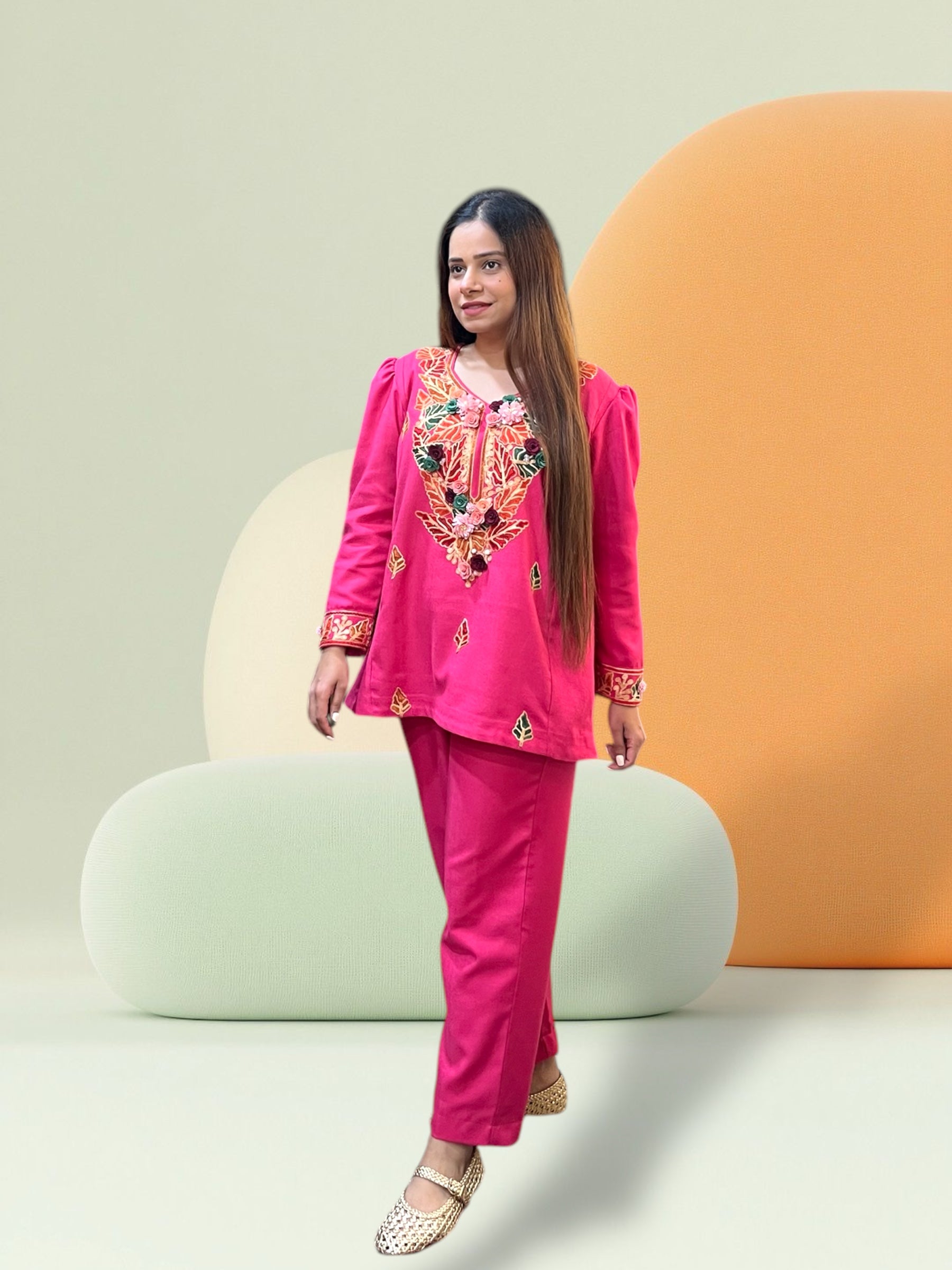 PINK WOOL AARI EMBROIDERED CORD-SET