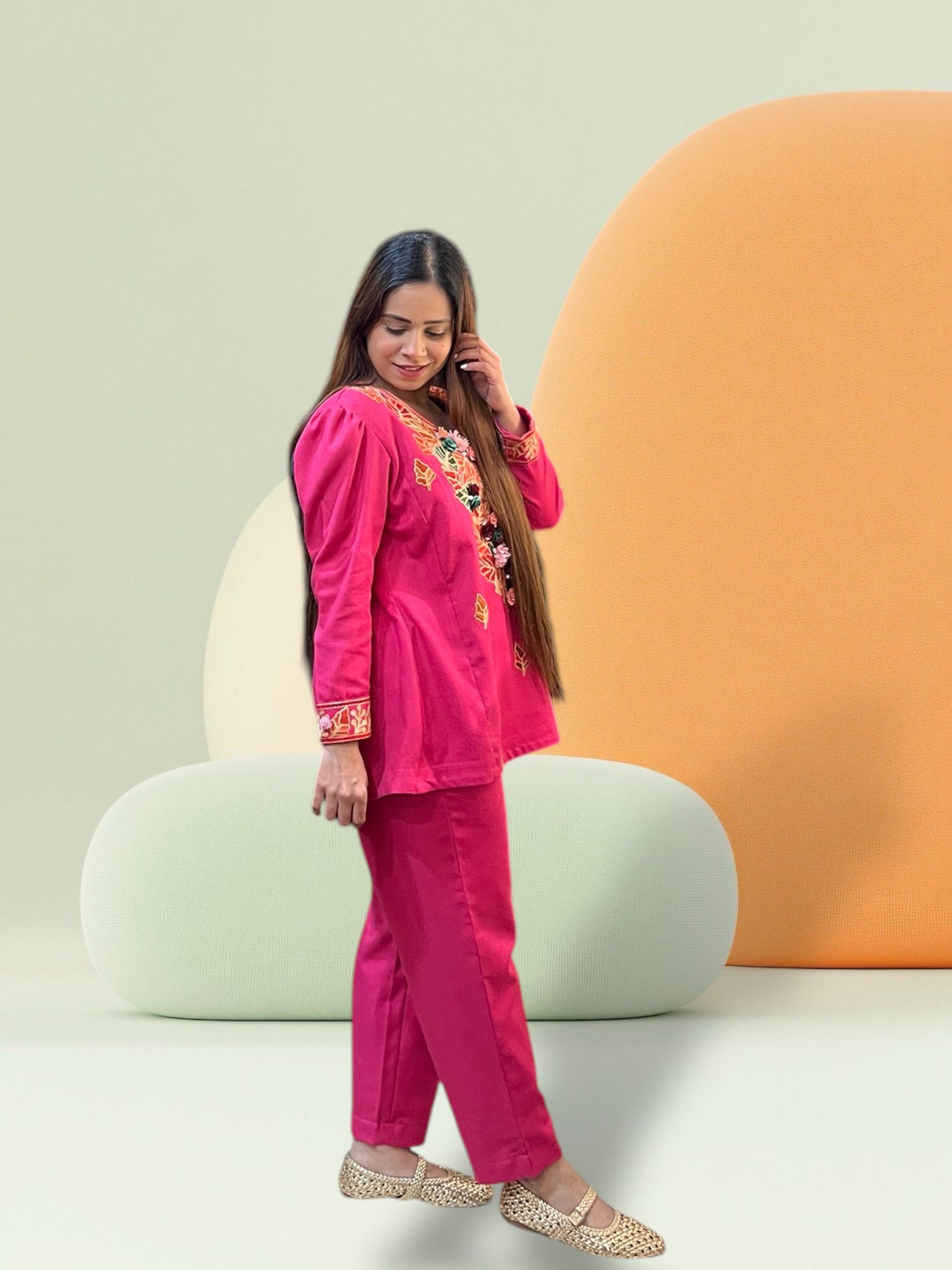 PINK WOOL AARI EMBROIDERED CORD-SET