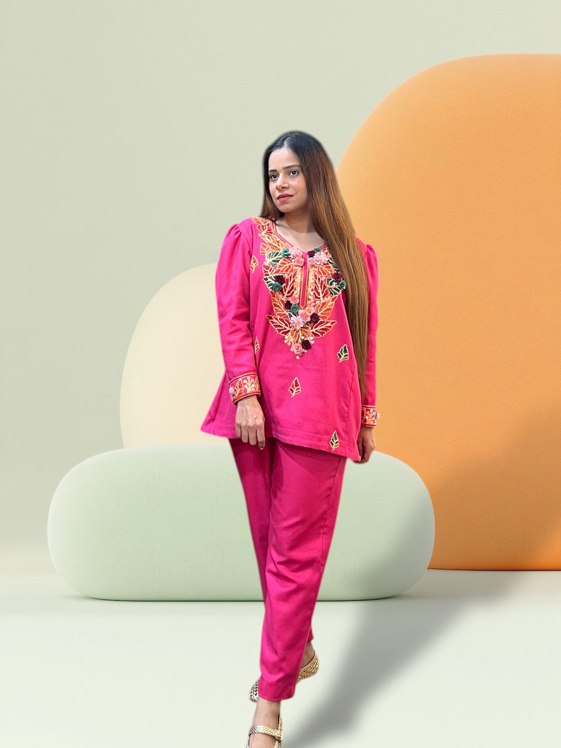 PINK WOOL AARI EMBROIDERED CORD-SET