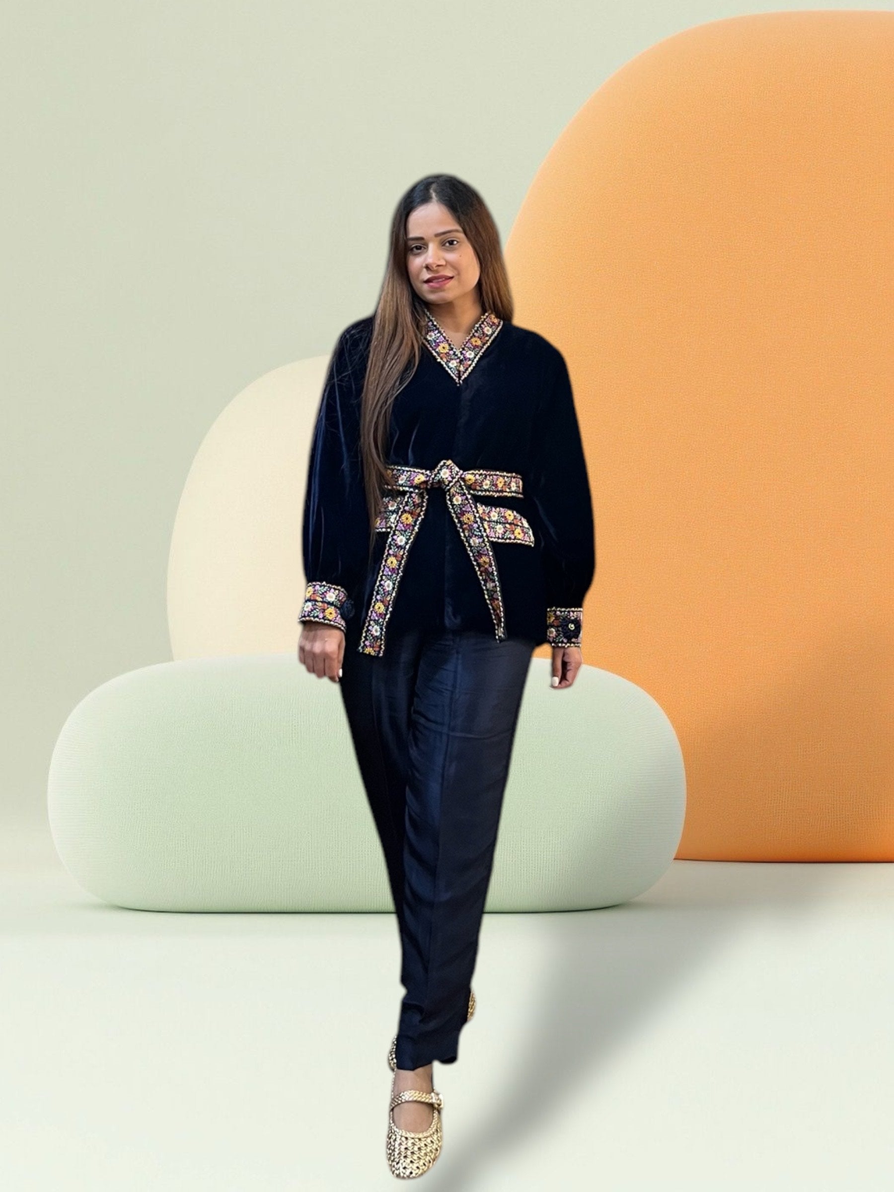 MID NIGHT NAVY BLUE VELVET JACKET CORD-SET