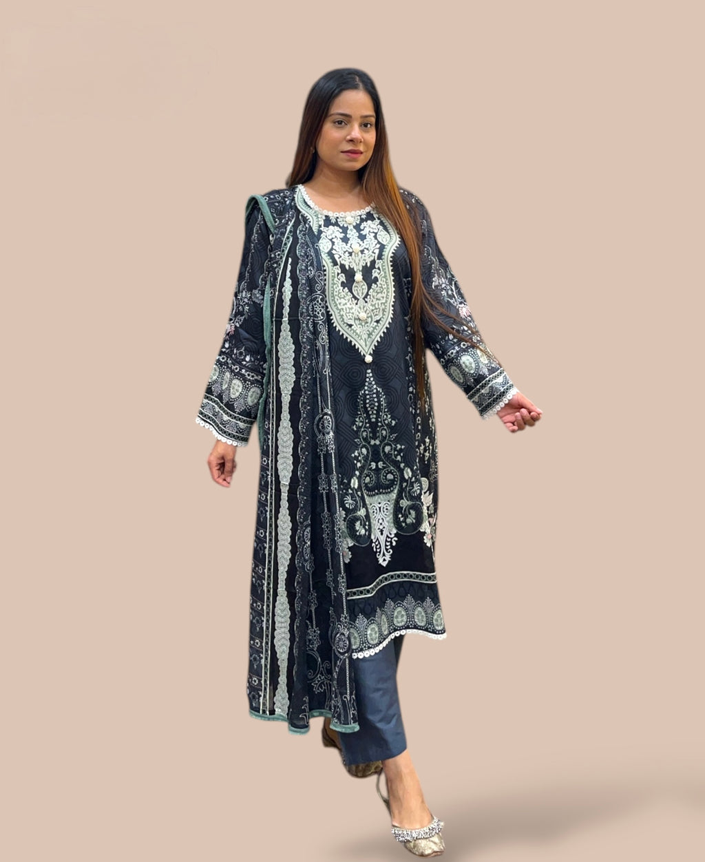 DARK GREY COTTON PRINTED KURTA SET