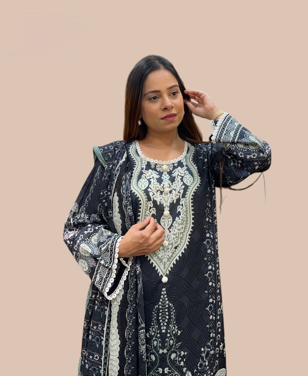 DARK GREY COTTON PRINTED KURTA SET