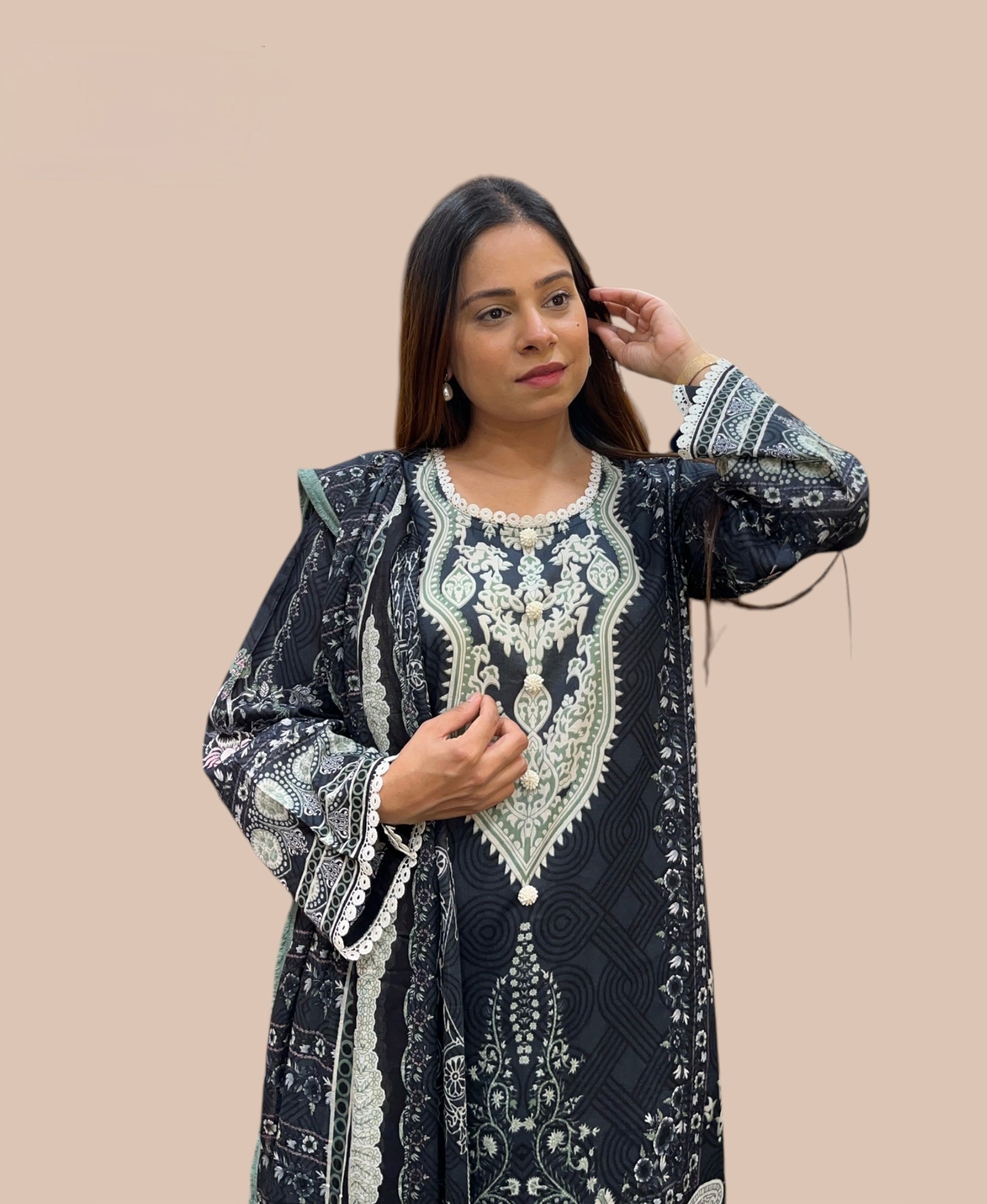 DARK GREY COTTON PRINTED KURTA SET