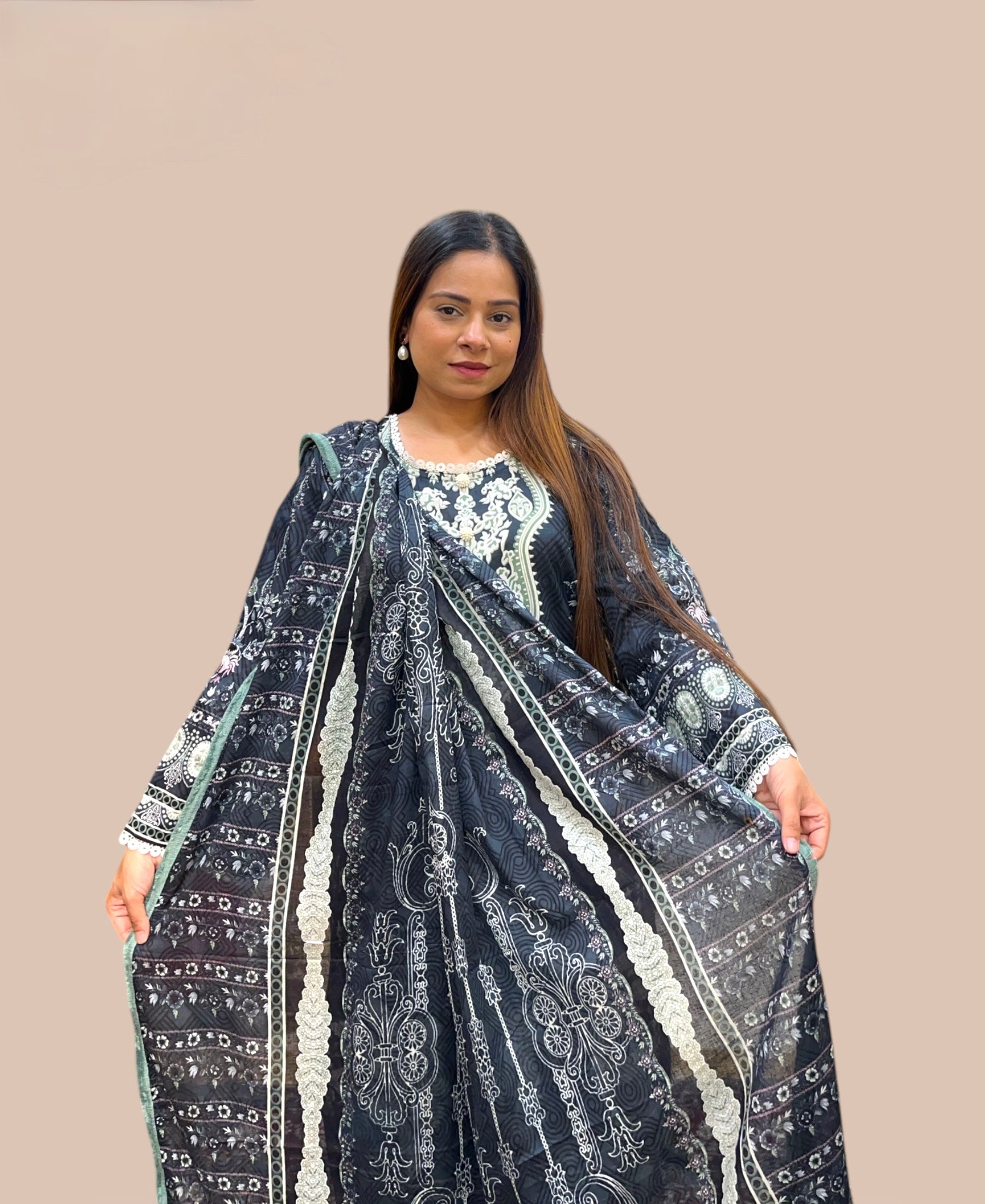 DARK GREY COTTON PRINTED KURTA SET