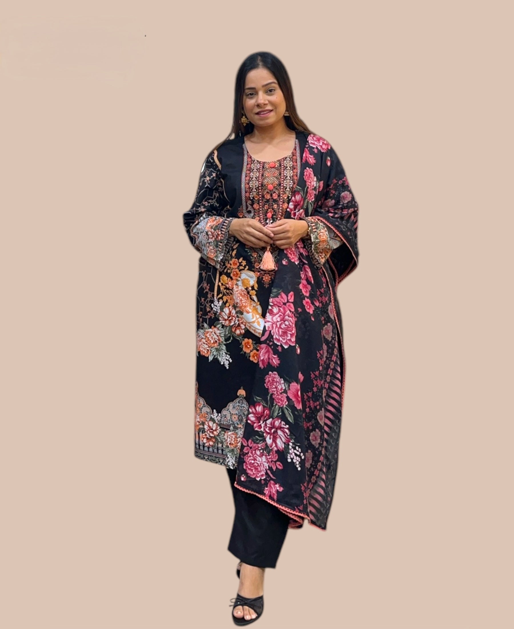 BLACK PRINTED COTTON KURTA SET