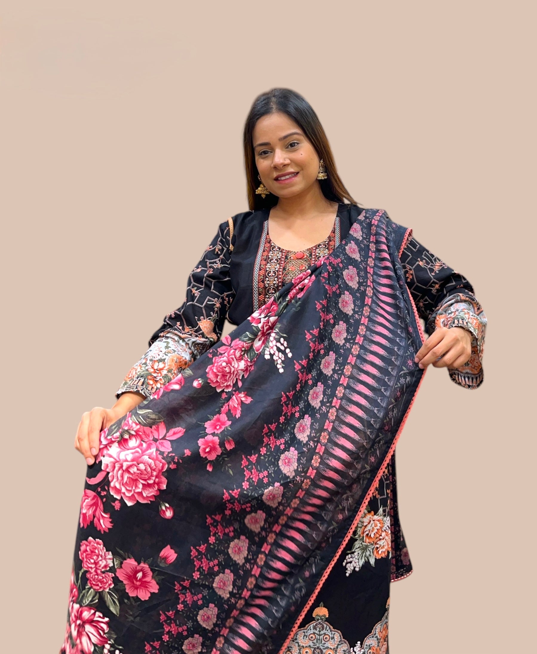 BLACK PRINTED COTTON KURTA SET