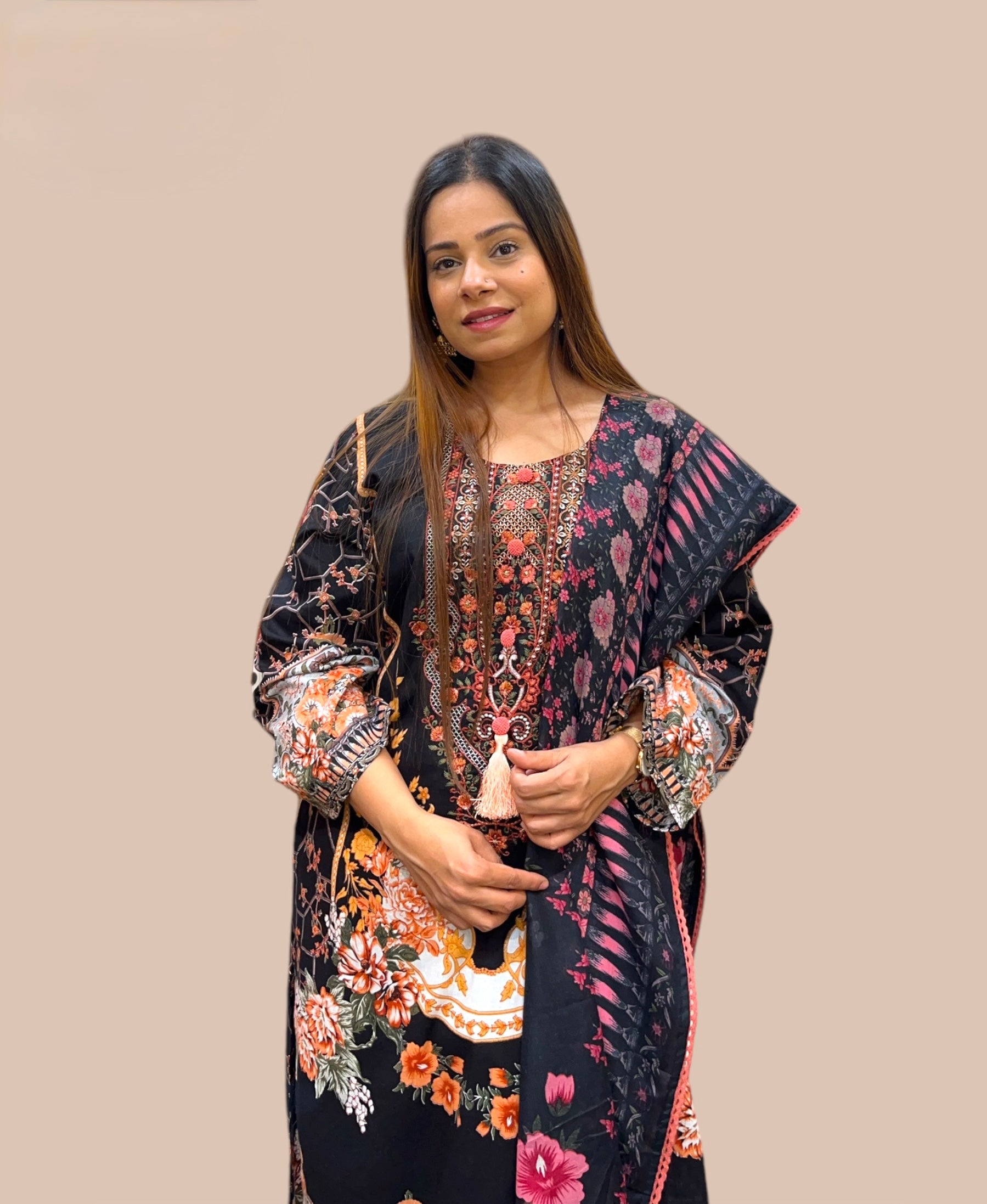 BLACK PRINTED COTTON KURTA SET