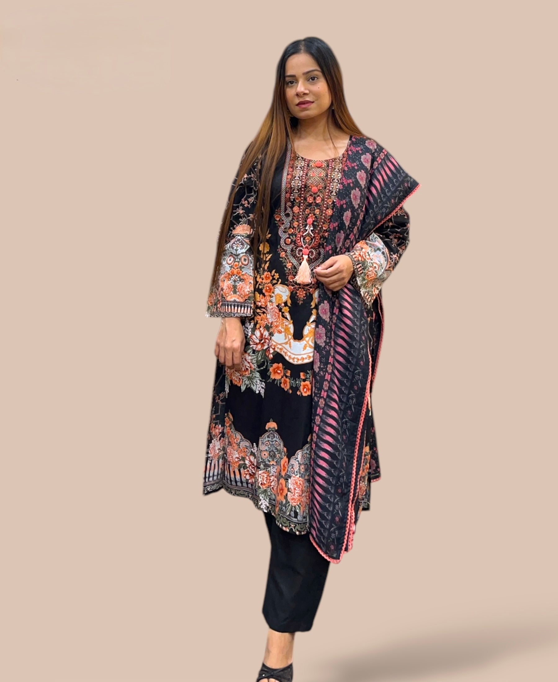 BLACK PRINTED COTTON KURTA SET