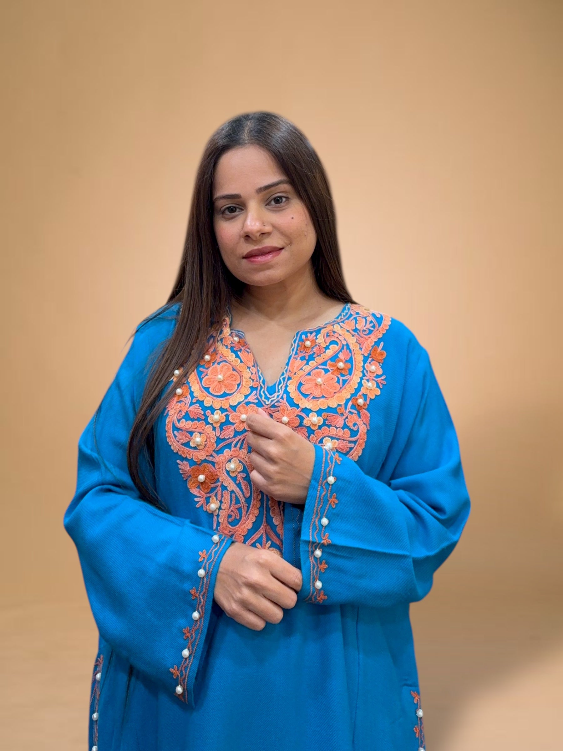 BLUE WOOL AARI EMBROIDERED PHERAN