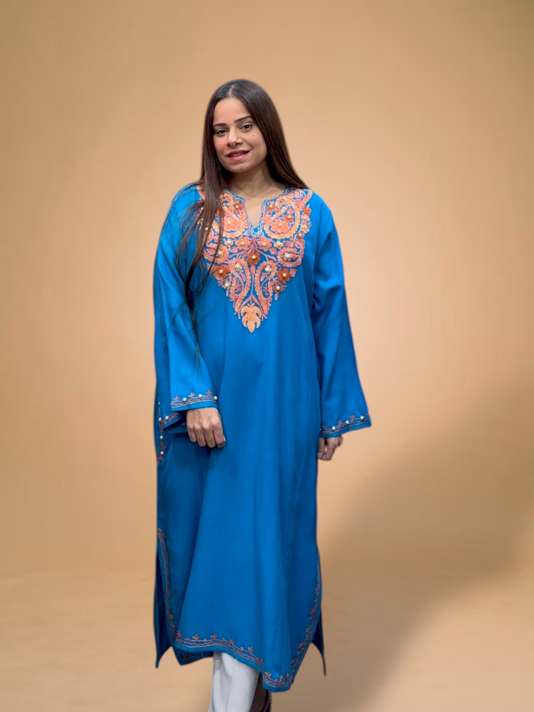 BLUE WOOL AARI EMBROIDERED PHERAN