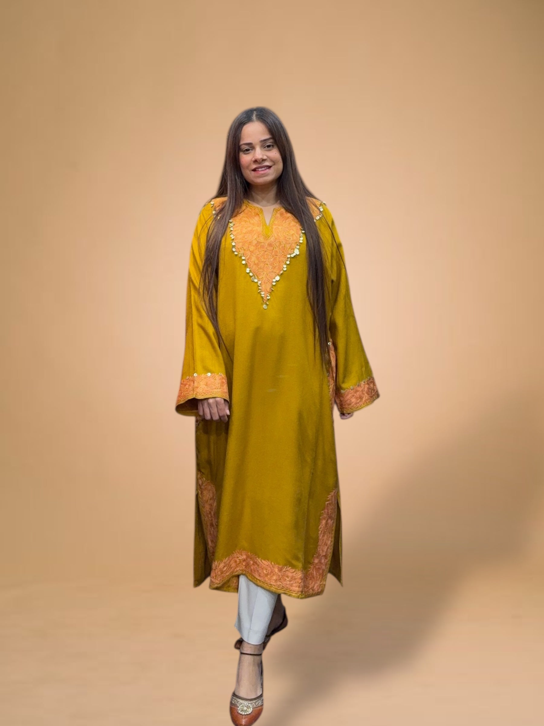 MUSTARD WOOL AARI EMBROIDERED PHERAN