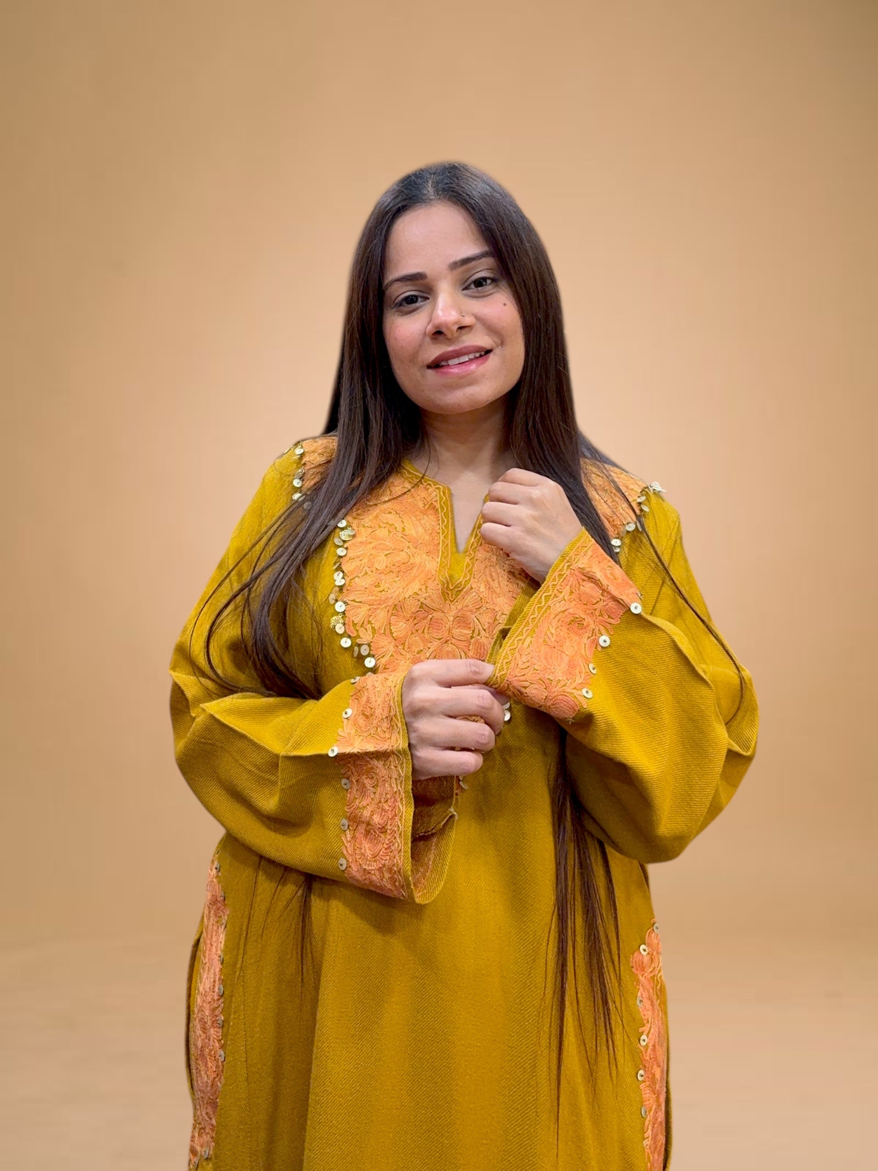 MUSTARD WOOL AARI EMBROIDERED PHERAN