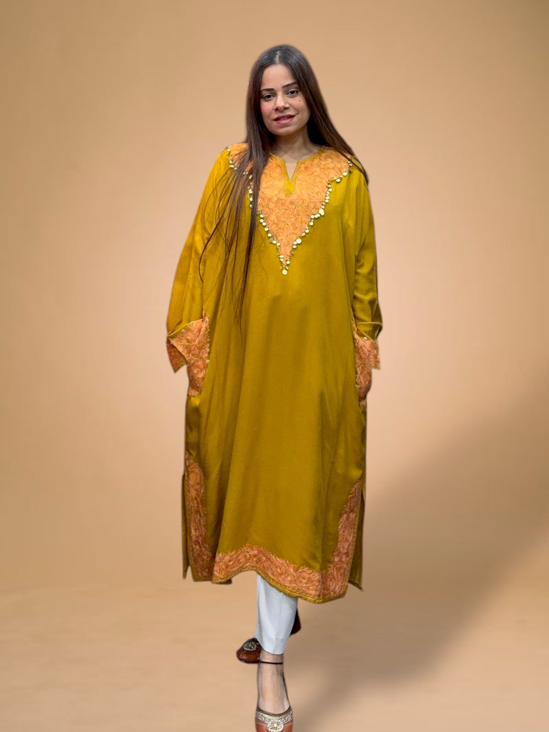 MUSTARD WOOL AARI EMBROIDERED PHERAN