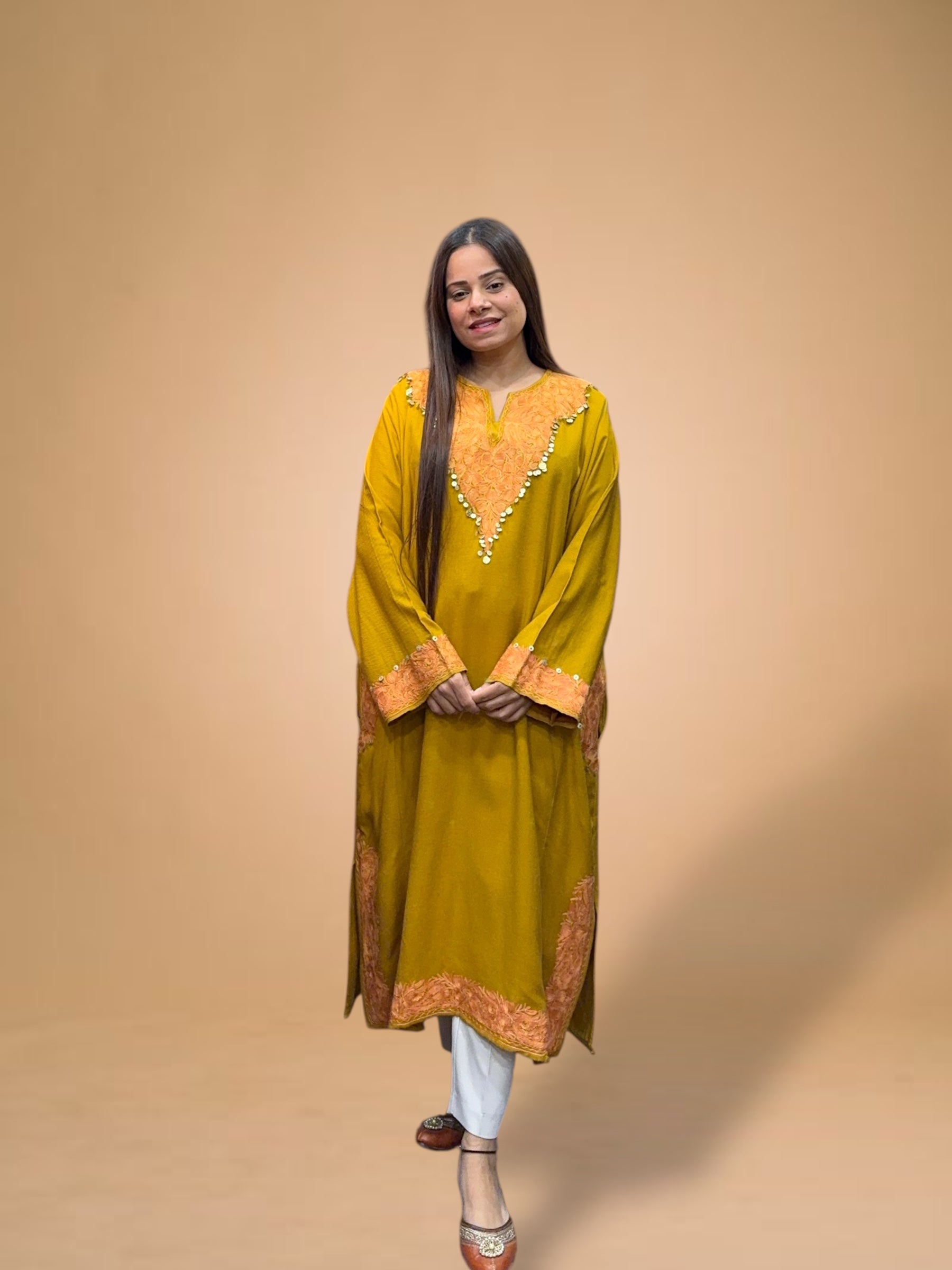 MUSTARD WOOL AARI EMBROIDERED PHERAN