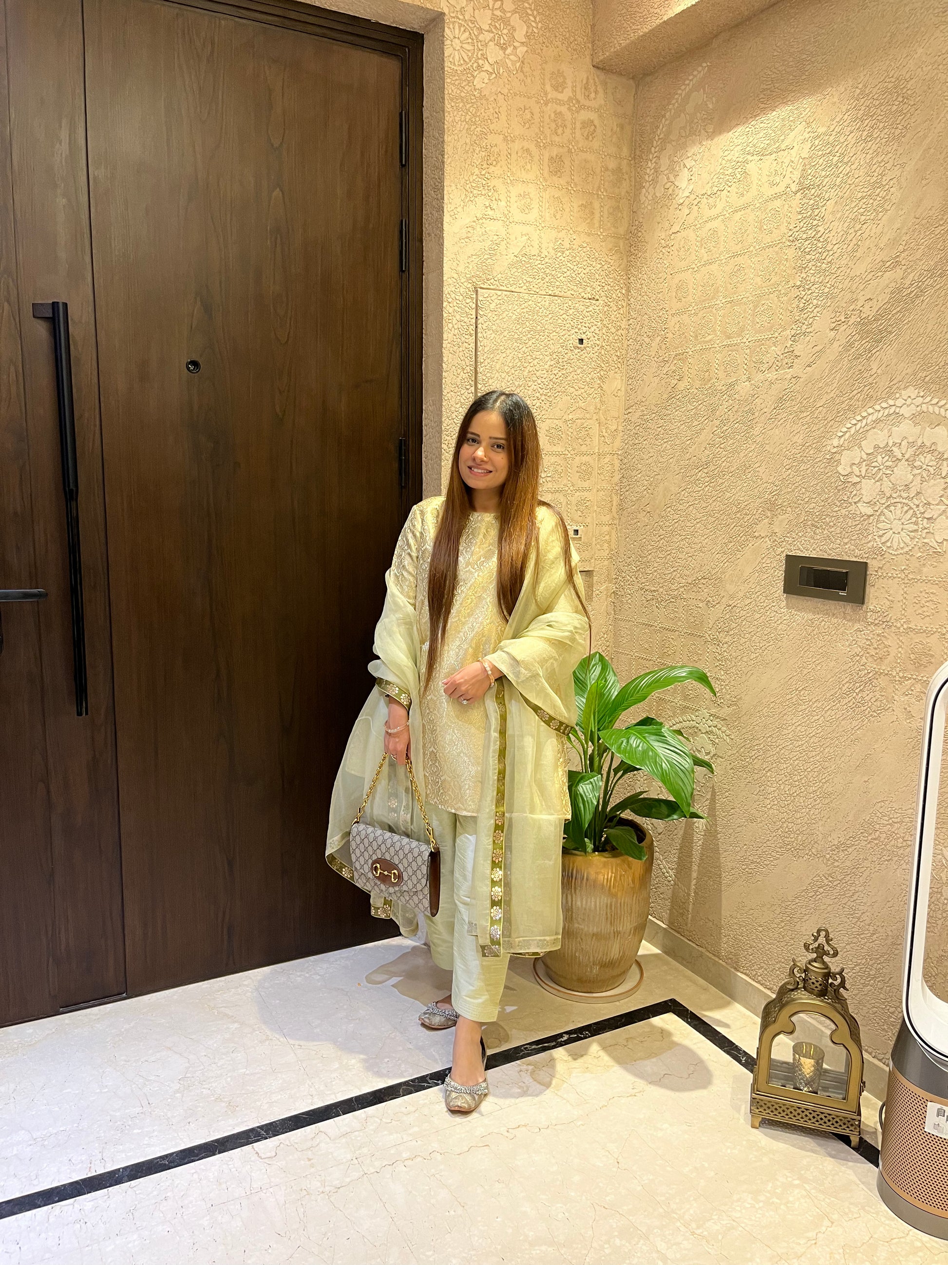 Pista Brocade Short Kurta Set